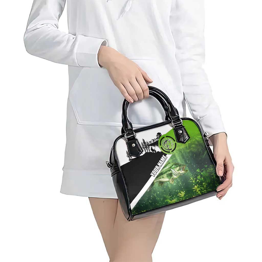 Green and Black Largemouth Bass Fishing Shoulder Handbag Custom Name Design and Angler Silhouette Illustration TS04