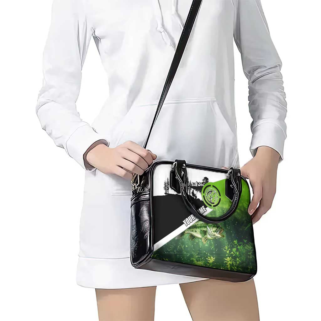Green and Black Largemouth Bass Fishing Shoulder Handbag Custom Name Design and Angler Silhouette Illustration TS04