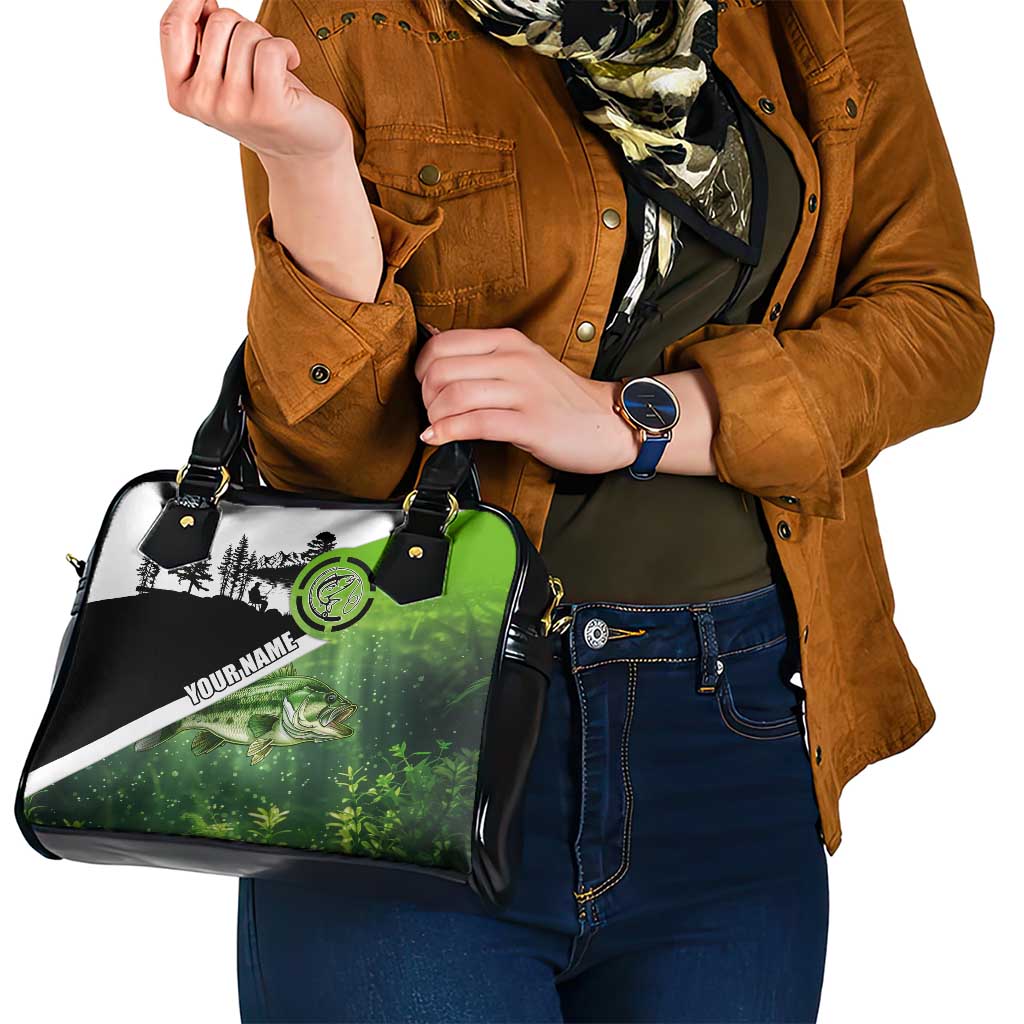 Green and Black Largemouth Bass Fishing Shoulder Handbag Custom Name Design and Angler Silhouette Illustration TS04