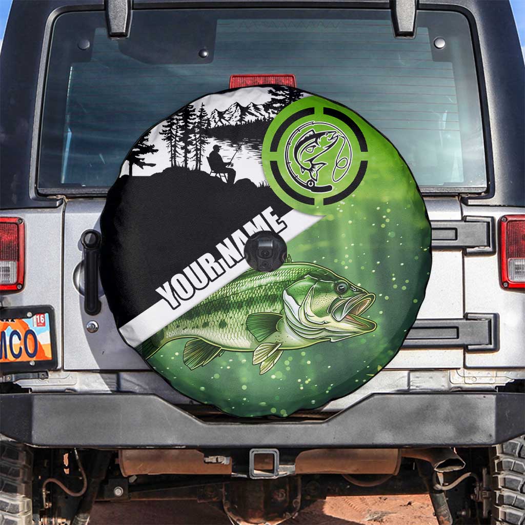 Green and Black Largemouth Bass Fishing Spare Tire Cover Custom Name Design and Angler Silhouette Illustration TS04
