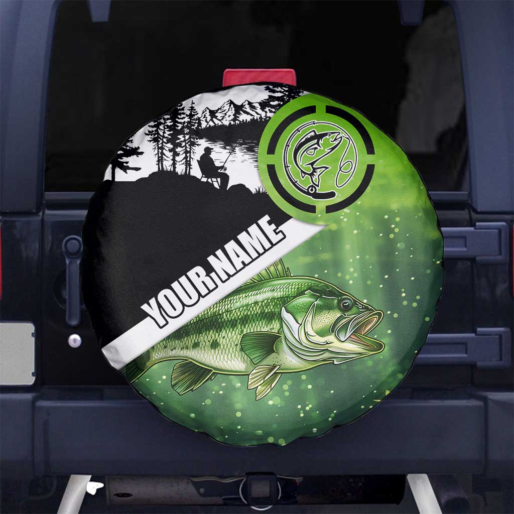 Green and Black Largemouth Bass Fishing Spare Tire Cover Custom Name Design and Angler Silhouette Illustration TS04