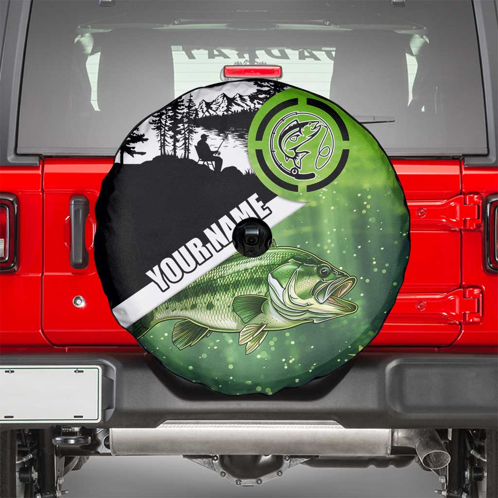 Green and Black Largemouth Bass Fishing Spare Tire Cover Custom Name Design and Angler Silhouette Illustration TS04