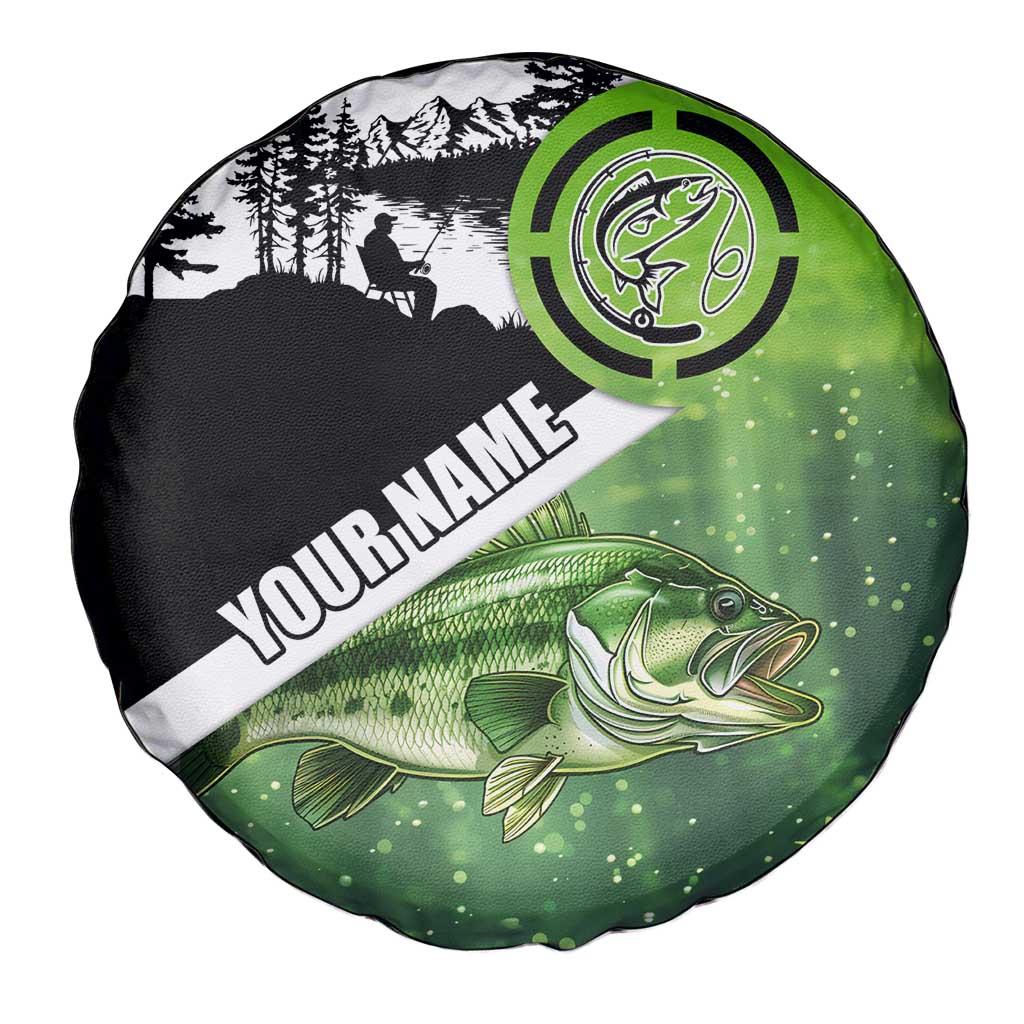 Green and Black Largemouth Bass Fishing Spare Tire Cover Custom Name Design and Angler Silhouette Illustration TS04
