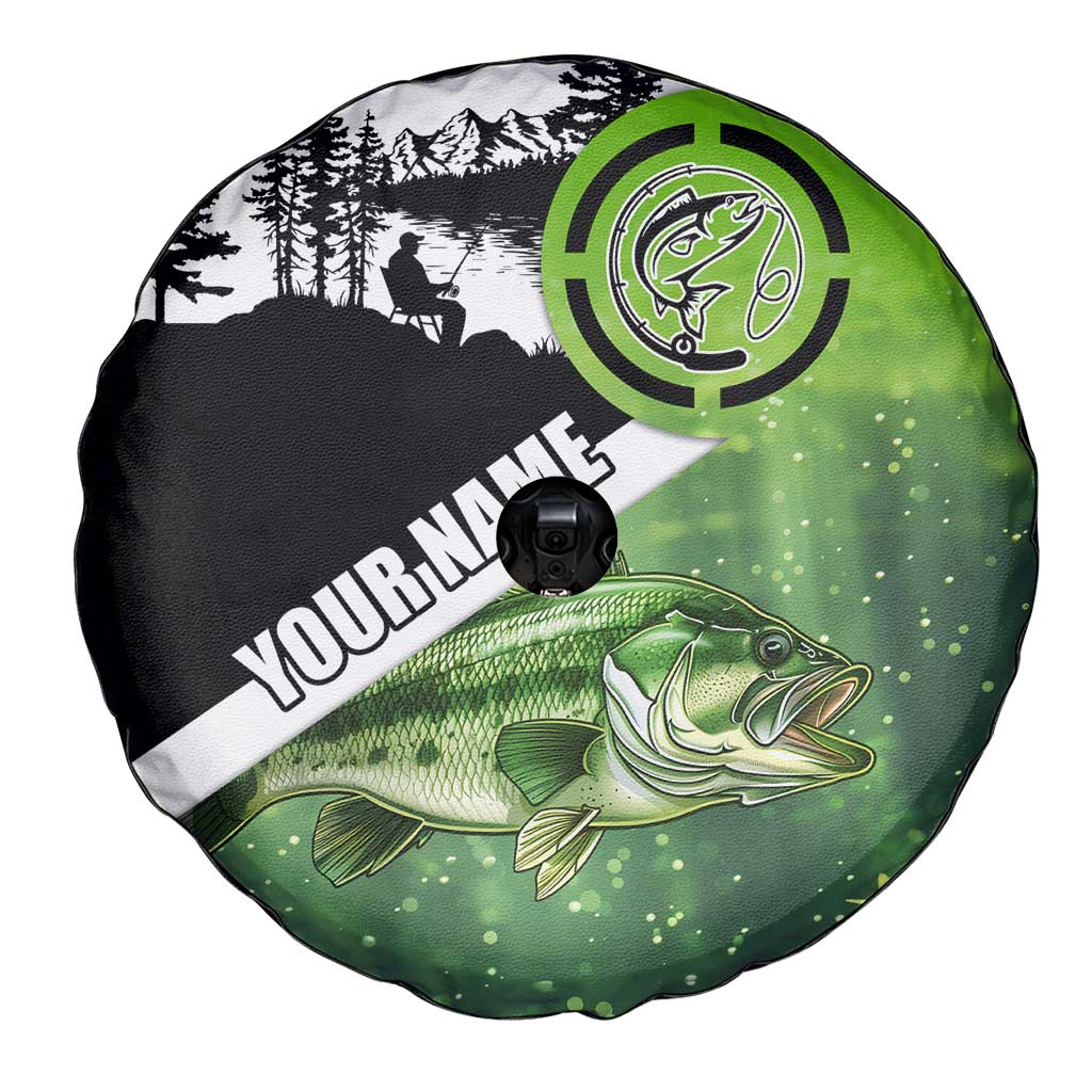 Green and Black Largemouth Bass Fishing Spare Tire Cover Custom Name Design and Angler Silhouette Illustration TS04