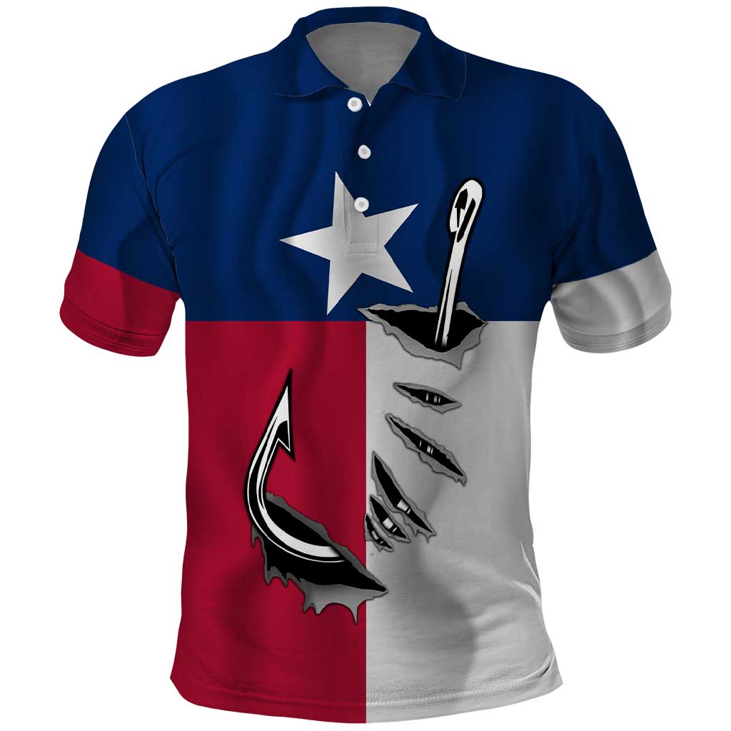 Texas Flag Fishing Polo Shirt Hook and Fish Illustration and Custom Name Detail TS04