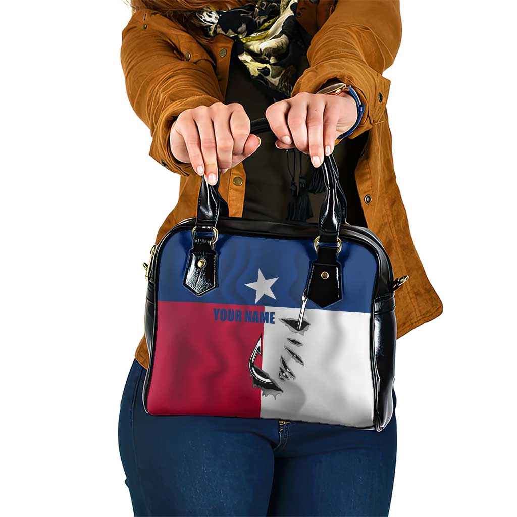 Texas Flag Fishing Shoulder Handbag Hook and Fish Illustration and Custom Name Detail TS04