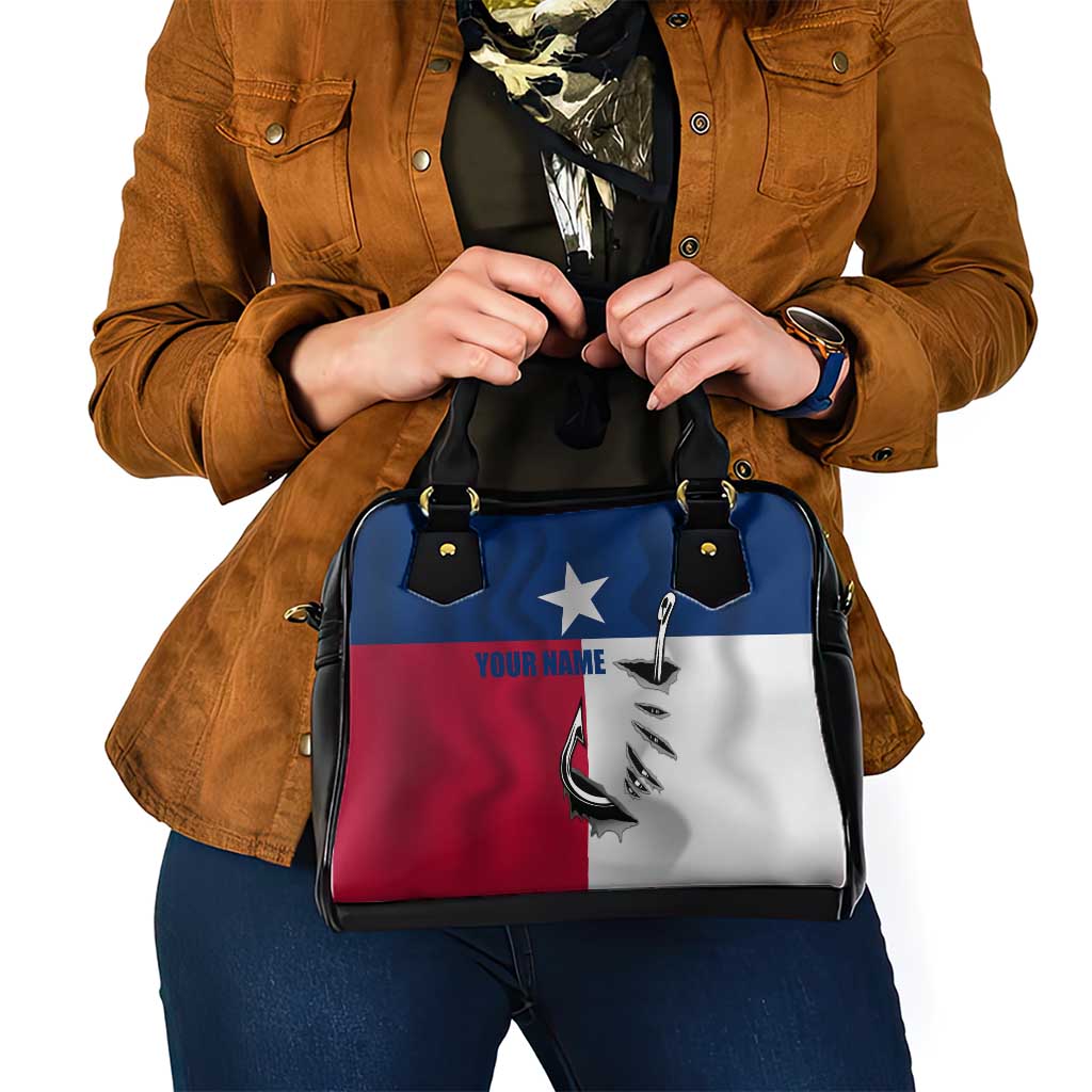 Texas Flag Fishing Shoulder Handbag Hook and Fish Illustration and Custom Name Detail TS04