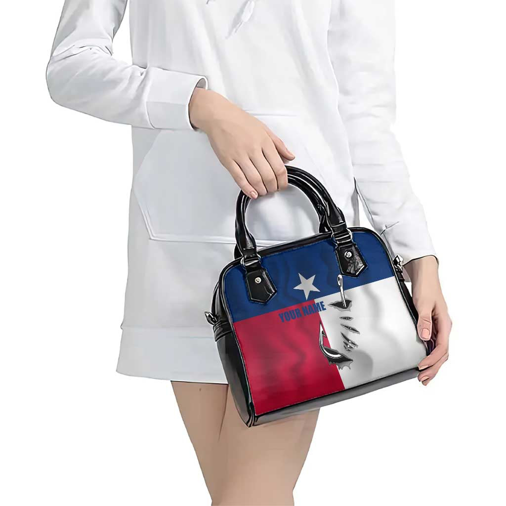 Texas Flag Fishing Shoulder Handbag Hook and Fish Illustration and Custom Name Detail TS04