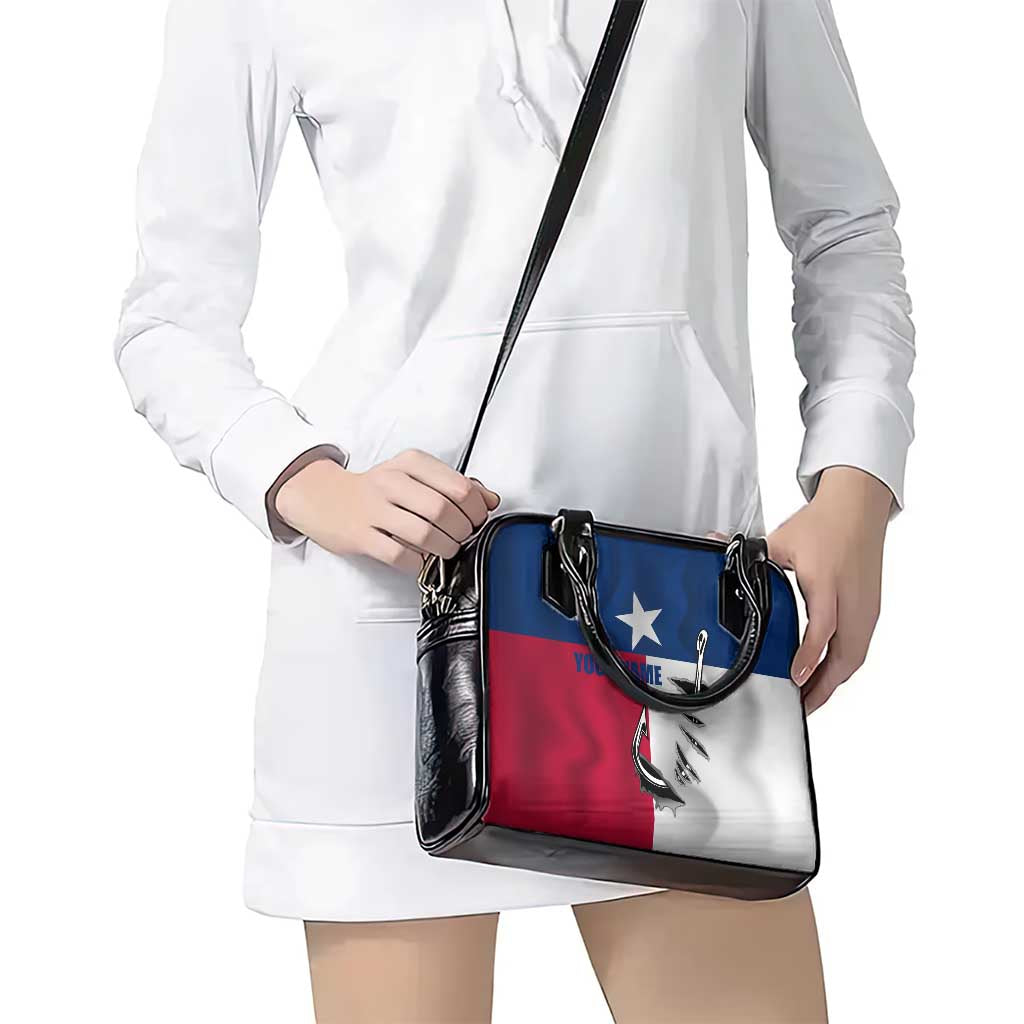 Texas Flag Fishing Shoulder Handbag Hook and Fish Illustration and Custom Name Detail TS04