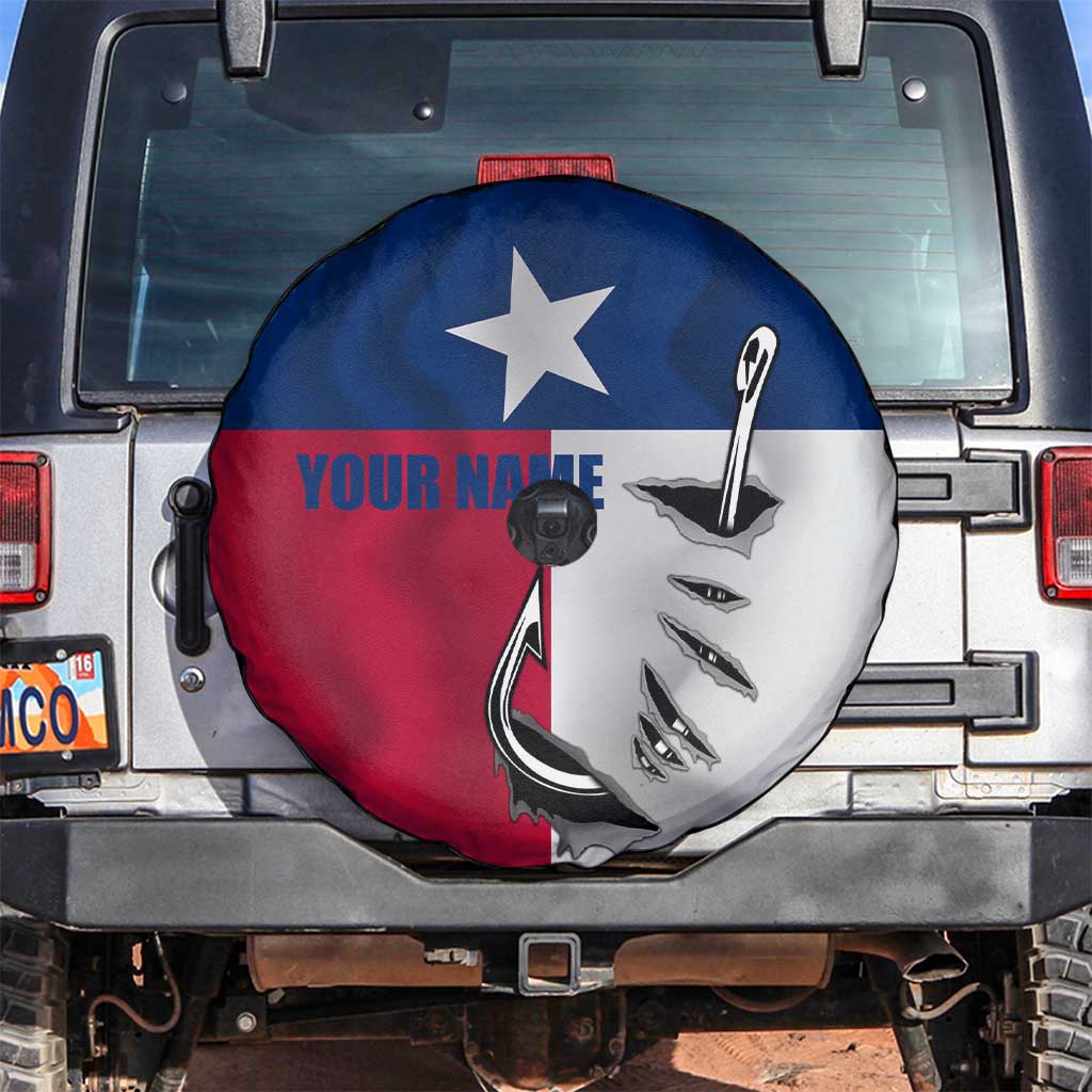 Texas Flag Fishing Spare Tire Cover Hook and Fish Illustration and Custom Name Detail TS04
