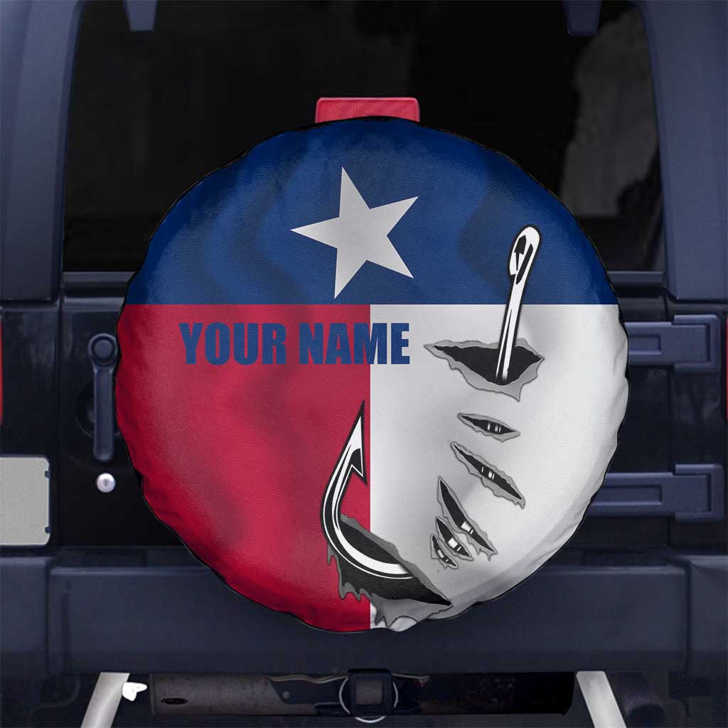 Texas Flag Fishing Spare Tire Cover Hook and Fish Illustration and Custom Name Detail TS04