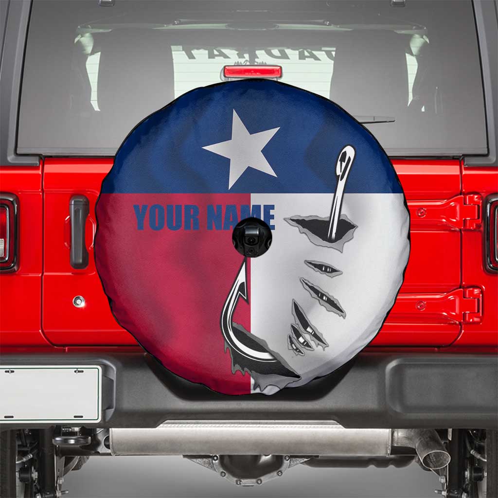 Texas Flag Fishing Spare Tire Cover Hook and Fish Illustration and Custom Name Detail TS04