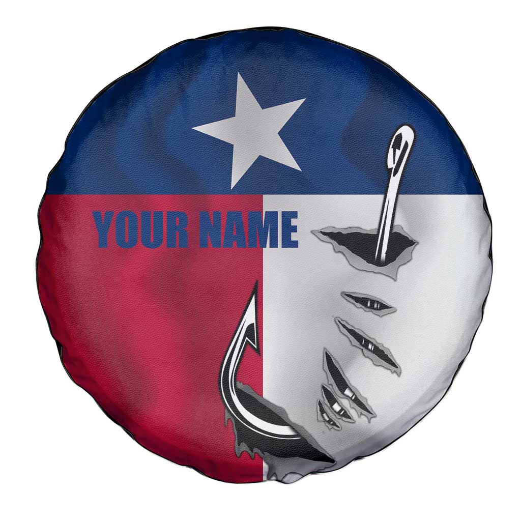 Texas Flag Fishing Spare Tire Cover Hook and Fish Illustration and Custom Name Detail TS04