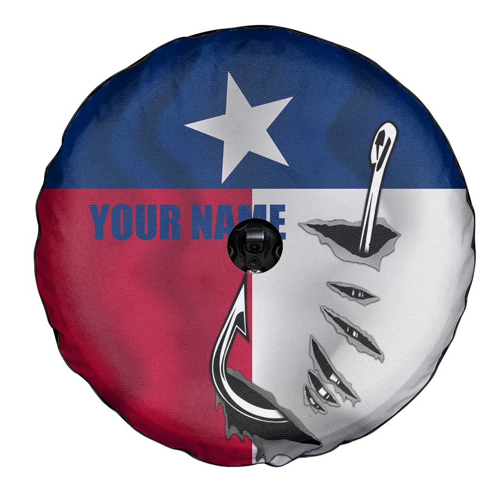 Texas Flag Fishing Spare Tire Cover Hook and Fish Illustration and Custom Name Detail TS04