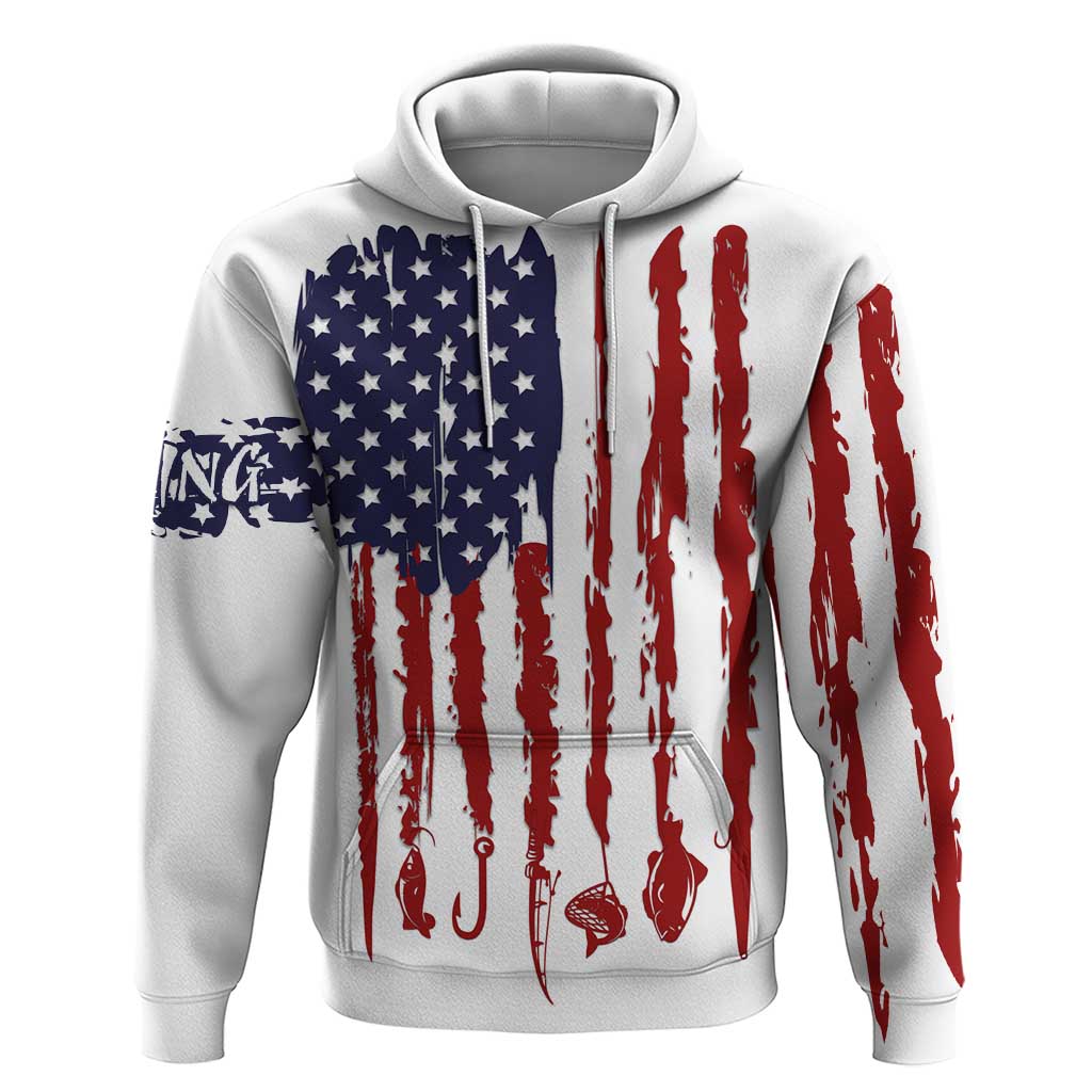 American Flag Fishing Hoodie Lure and Hook Elements and Custom Name Print TS04