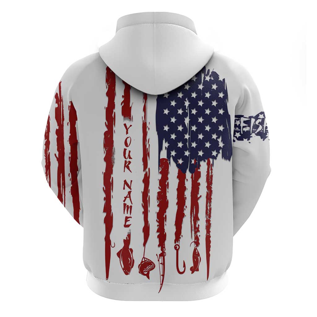 American Flag Fishing Hoodie Lure and Hook Elements and Custom Name Print TS04