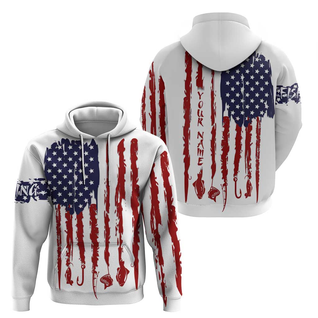 American Flag Fishing Hoodie Lure and Hook Elements and Custom Name Print TS04