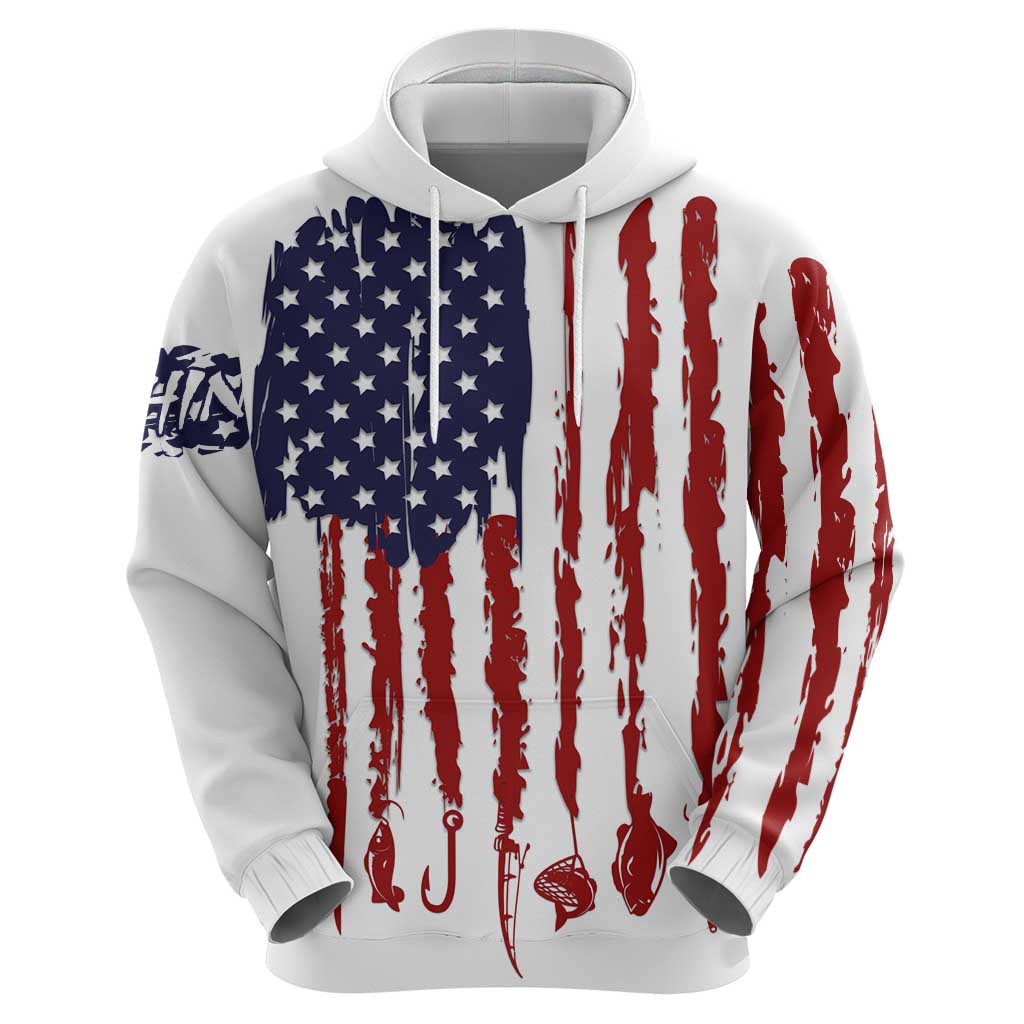 American Flag Fishing Hoodie Lure and Hook Elements and Custom Name Print TS04