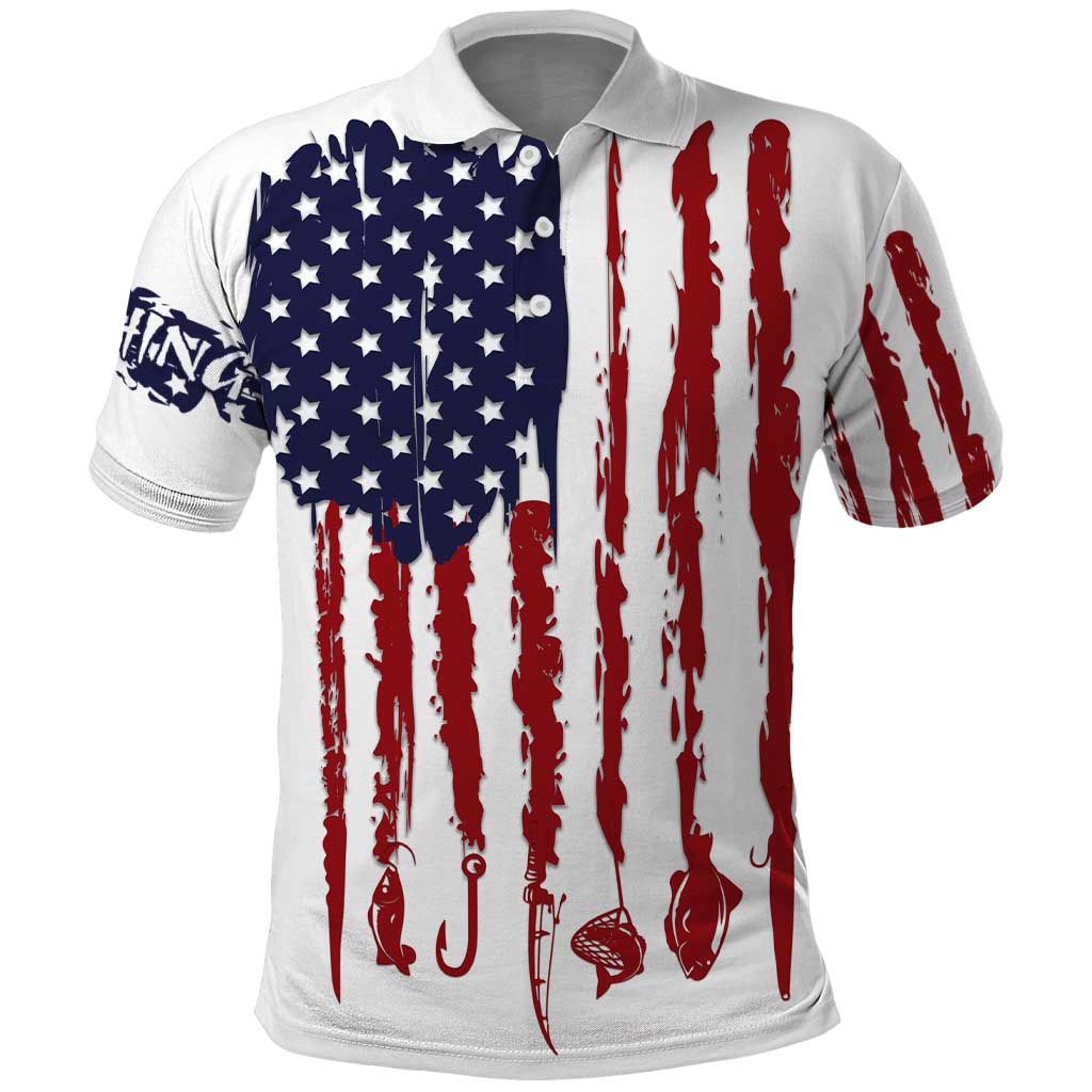 American Flag Fishing Polo Shirt Lure and Hook Elements and Custom Name Print TS04
