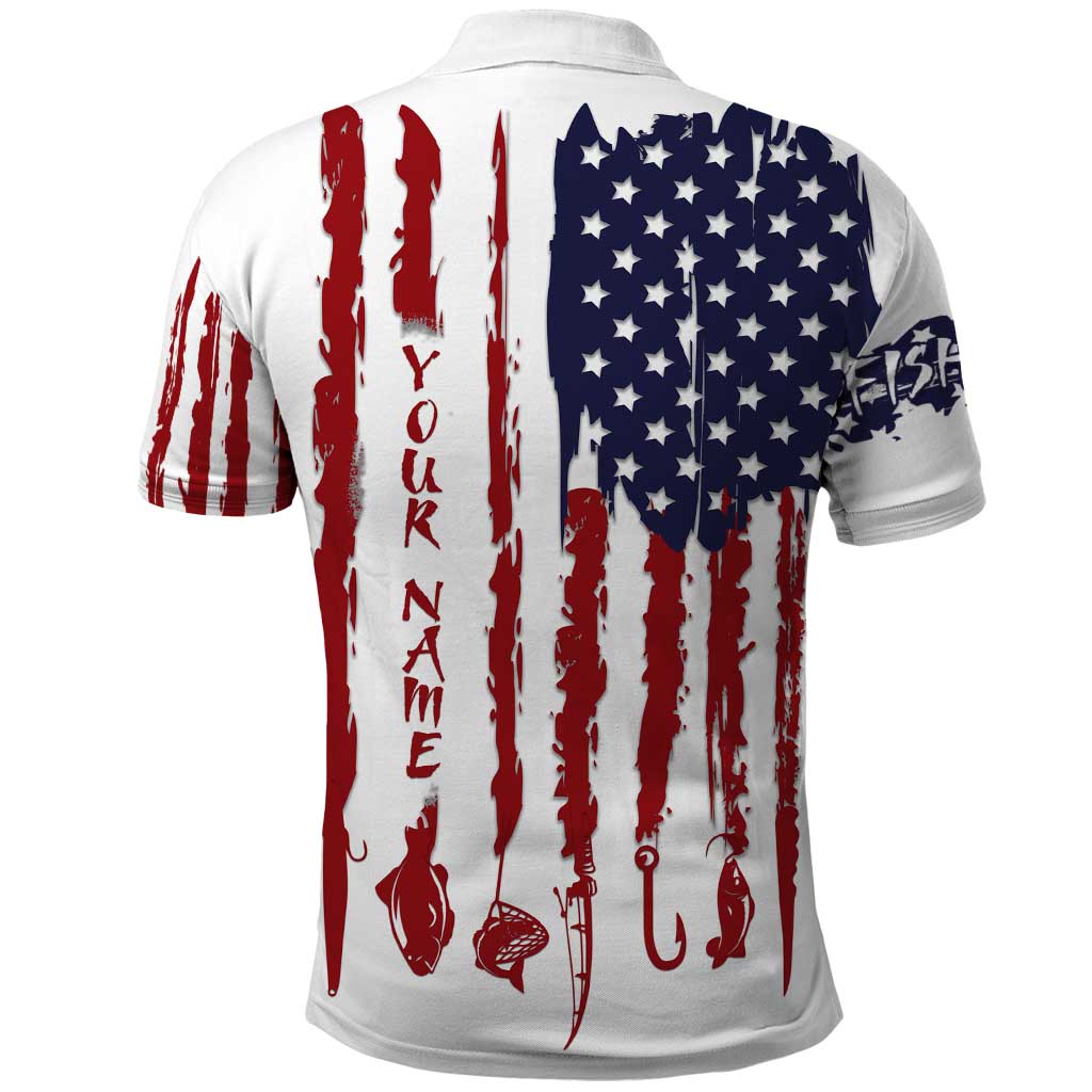 American Flag Fishing Polo Shirt Lure and Hook Elements and Custom Name Print TS04