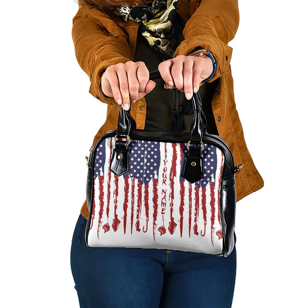 American Flag Fishing Shoulder Handbag Lure and Hook Elements and Custom Name Print TS04