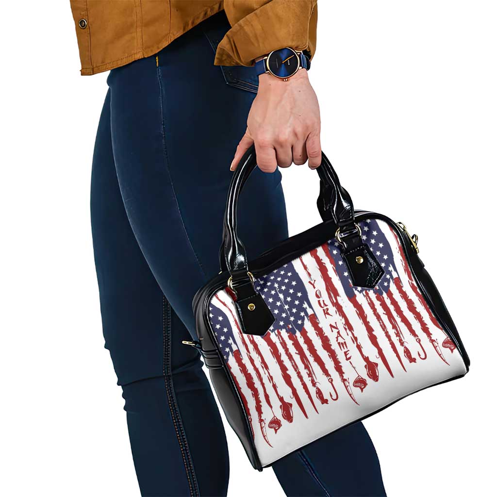 American Flag Fishing Shoulder Handbag Lure and Hook Elements and Custom Name Print TS04