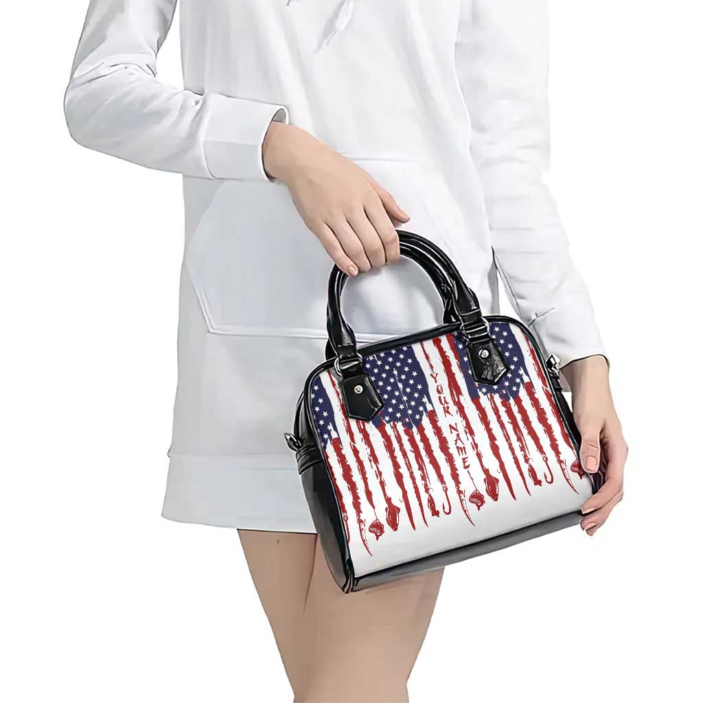 American Flag Fishing Shoulder Handbag Lure and Hook Elements and Custom Name Print TS04