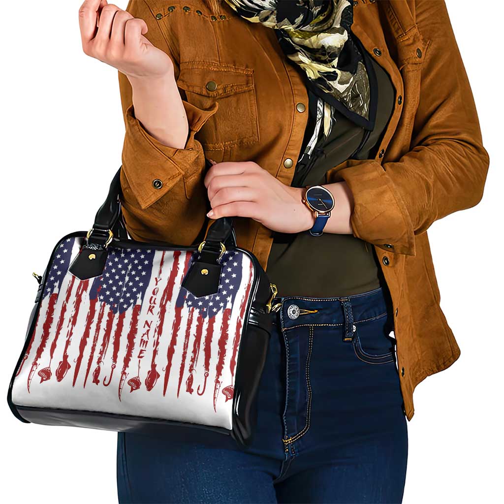 American Flag Fishing Shoulder Handbag Lure and Hook Elements and Custom Name Print TS04