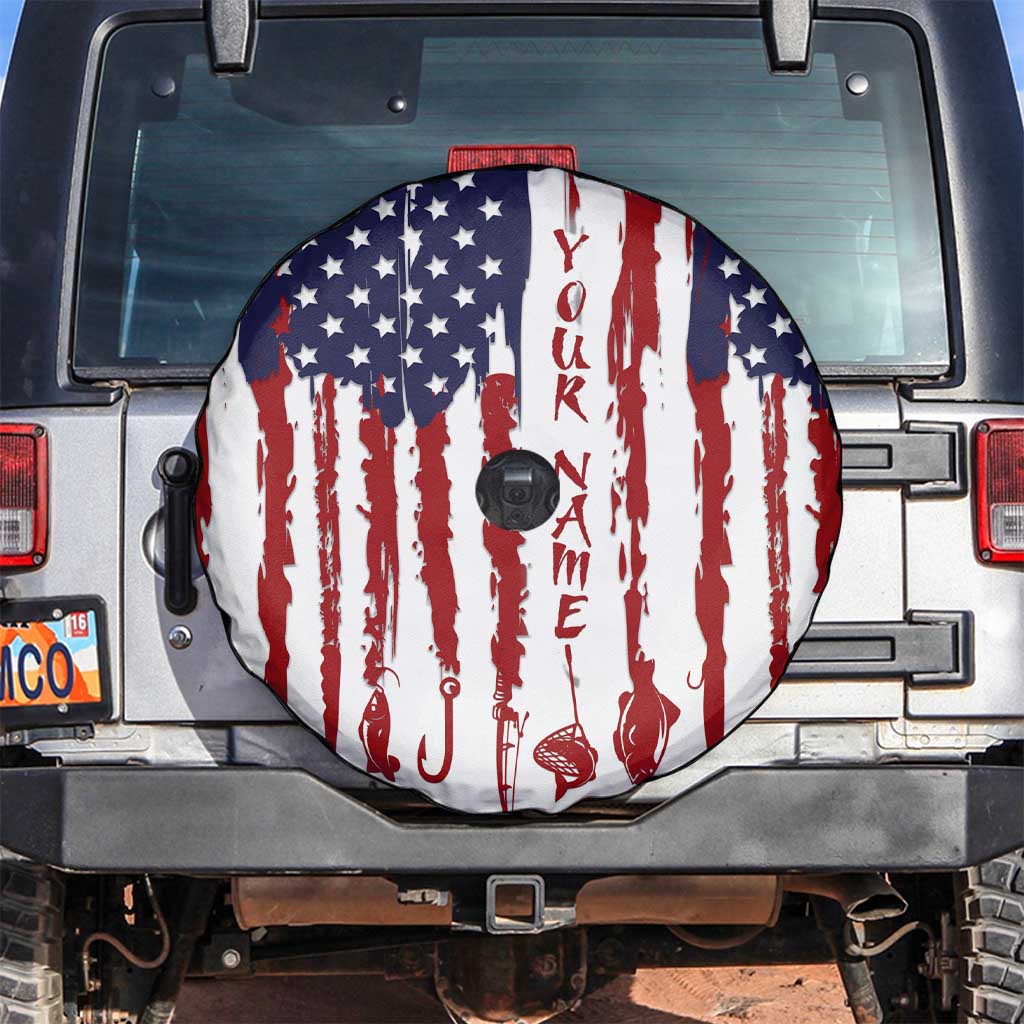 American Flag Fishing Spare Tire Cover Lure and Hook Elements and Custom Name Print TS04