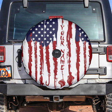 American Flag Fishing Spare Tire Cover Lure and Hook Elements and Custom Name Print TS04