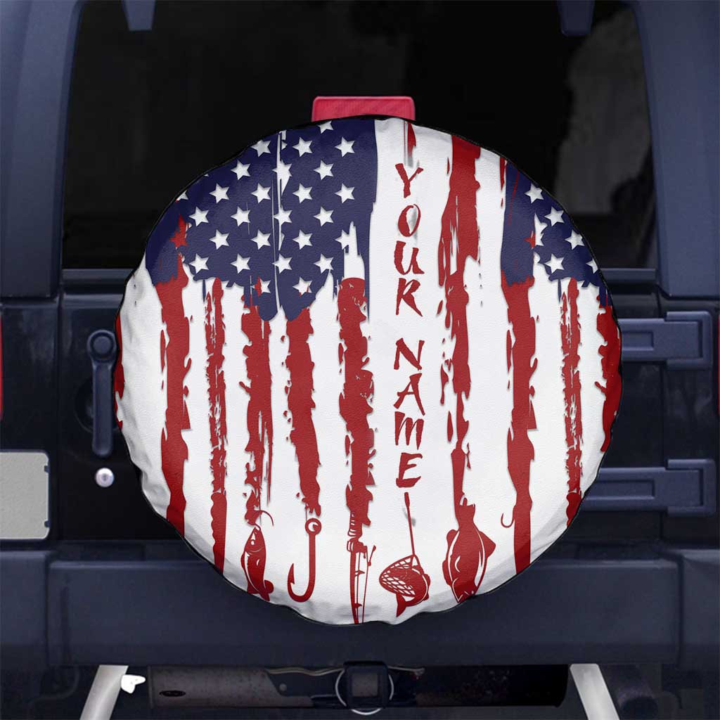 American Flag Fishing Spare Tire Cover Lure and Hook Elements and Custom Name Print TS04