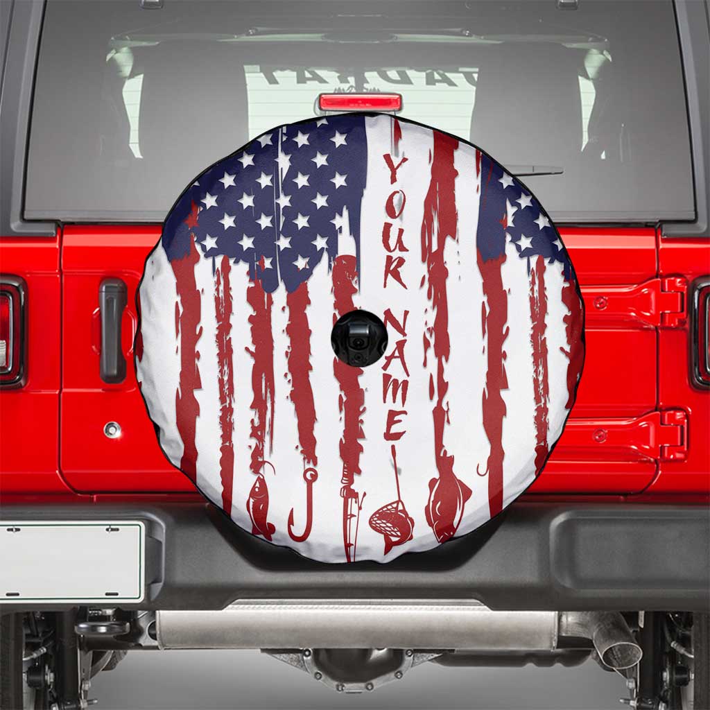 American Flag Fishing Spare Tire Cover Lure and Hook Elements and Custom Name Print TS04