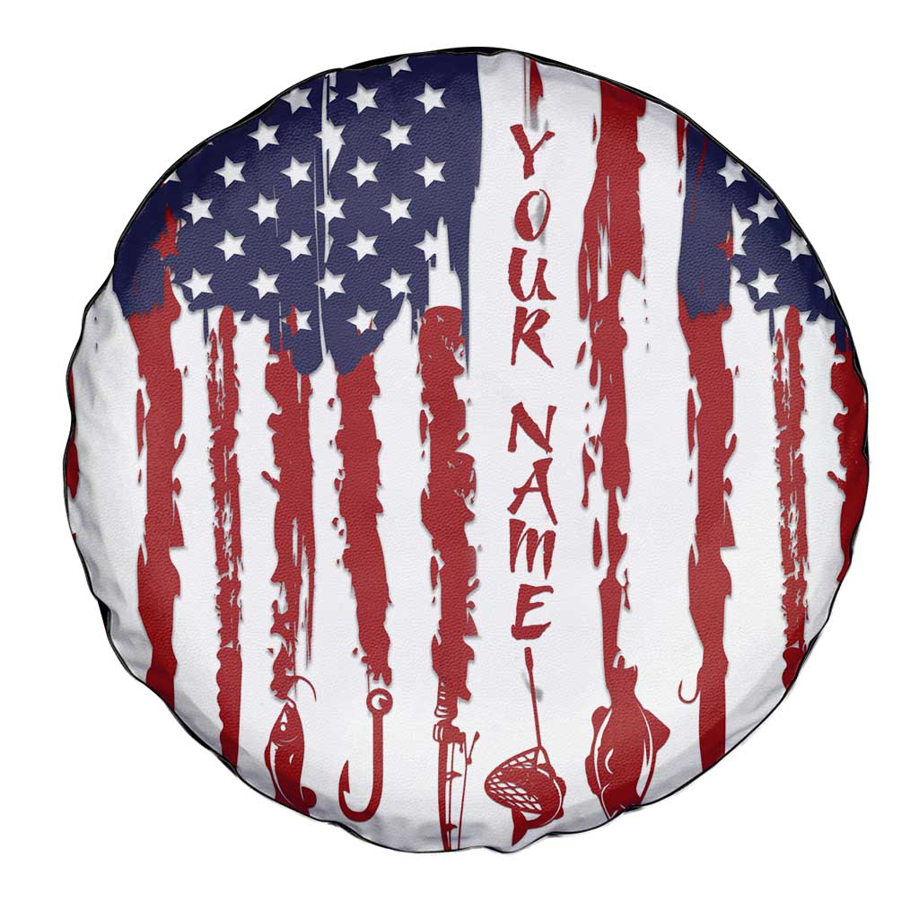 American Flag Fishing Spare Tire Cover Lure and Hook Elements and Custom Name Print TS04
