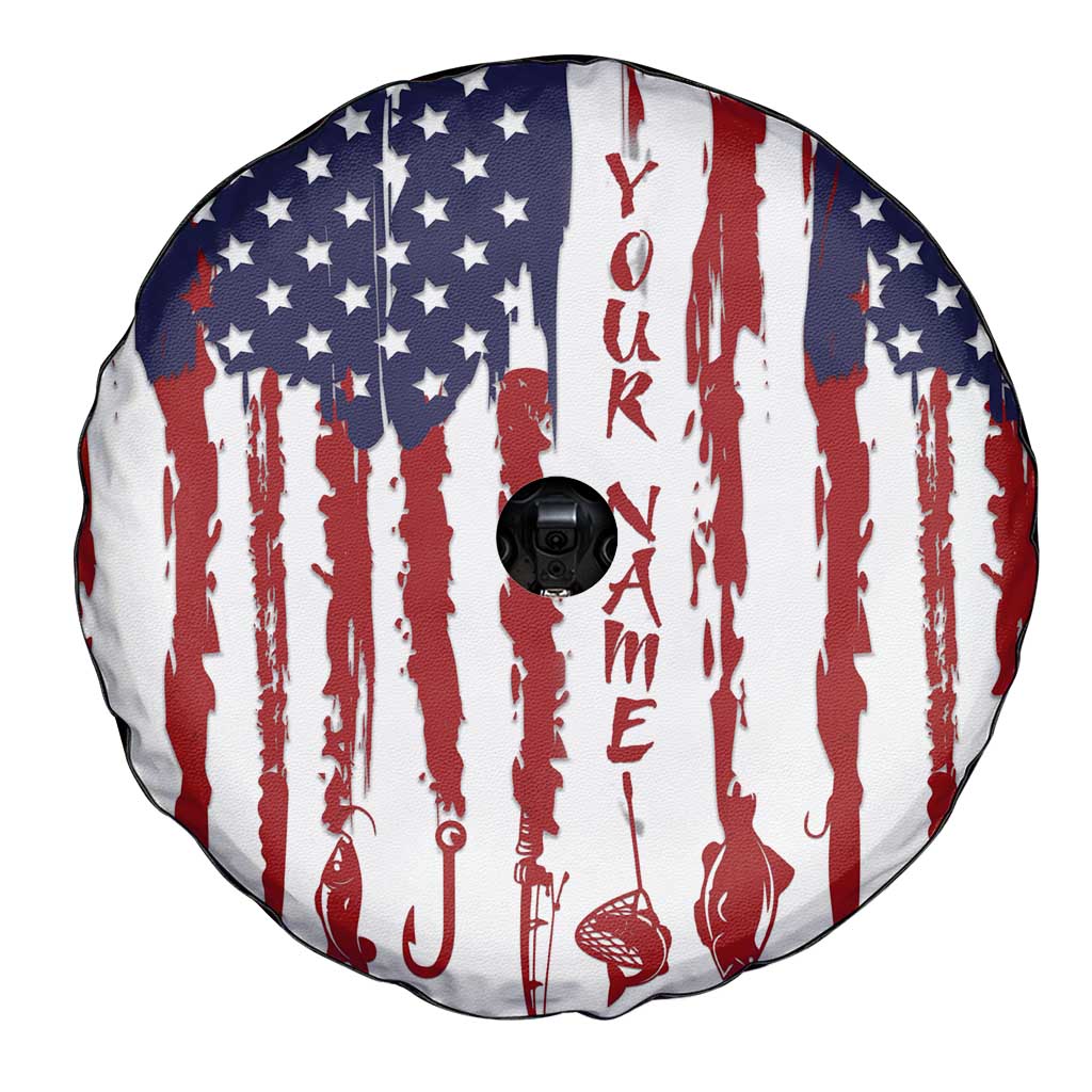 American Flag Fishing Spare Tire Cover Lure and Hook Elements and Custom Name Print TS04