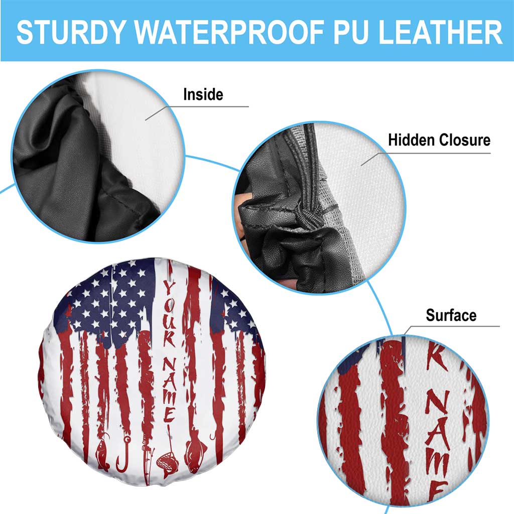 American Flag Fishing Spare Tire Cover Lure and Hook Elements and Custom Name Print TS04