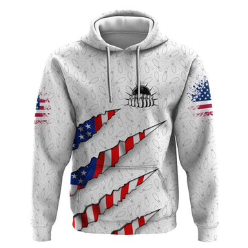 Personalized American Flag Bowling Team Hoodie Pins and Ball Torn Stripes and Patterned White TS04
