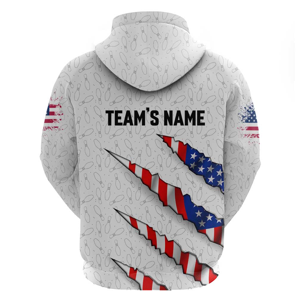 Personalized American Flag Bowling Team Hoodie Pins and Ball Torn Stripes and Patterned White TS04