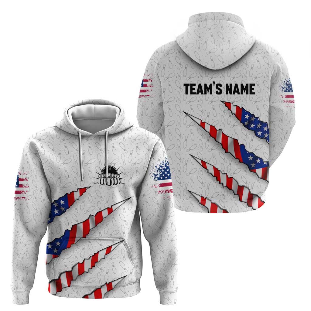 Personalized American Flag Bowling Team Hoodie Pins and Ball Torn Stripes and Patterned White TS04