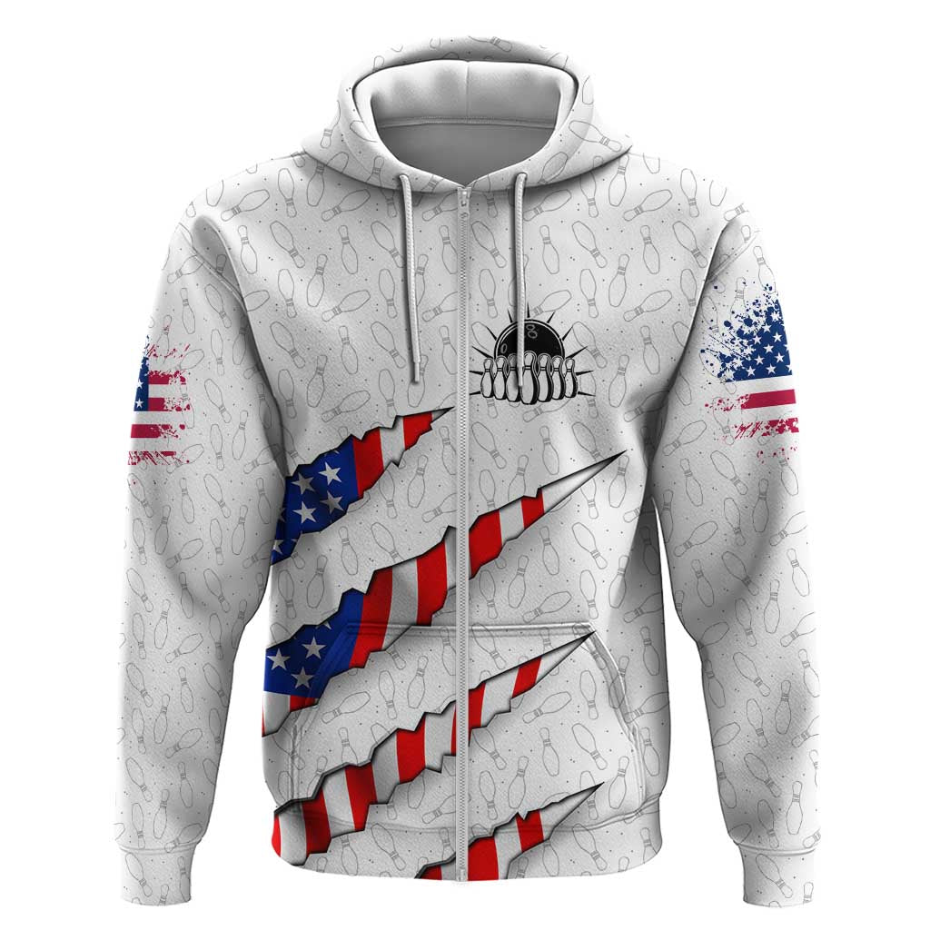 Personalized American Flag Bowling Team Hoodie Pins and Ball Torn Stripes and Patterned White TS04