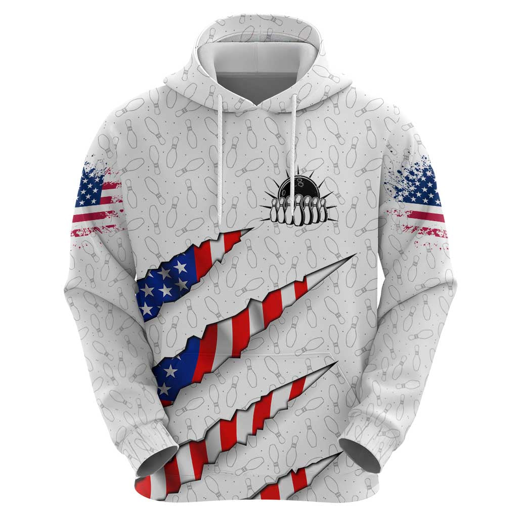 Personalized American Flag Bowling Team Hoodie Pins and Ball Torn Stripes and Patterned White TS04