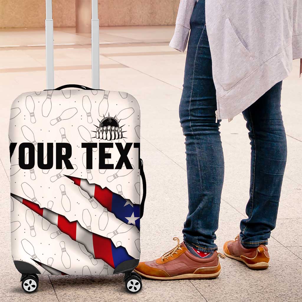Personalized American Flag Bowling Team Luggage Cover Pins and Ball Torn Stripes and Patterned White TS04