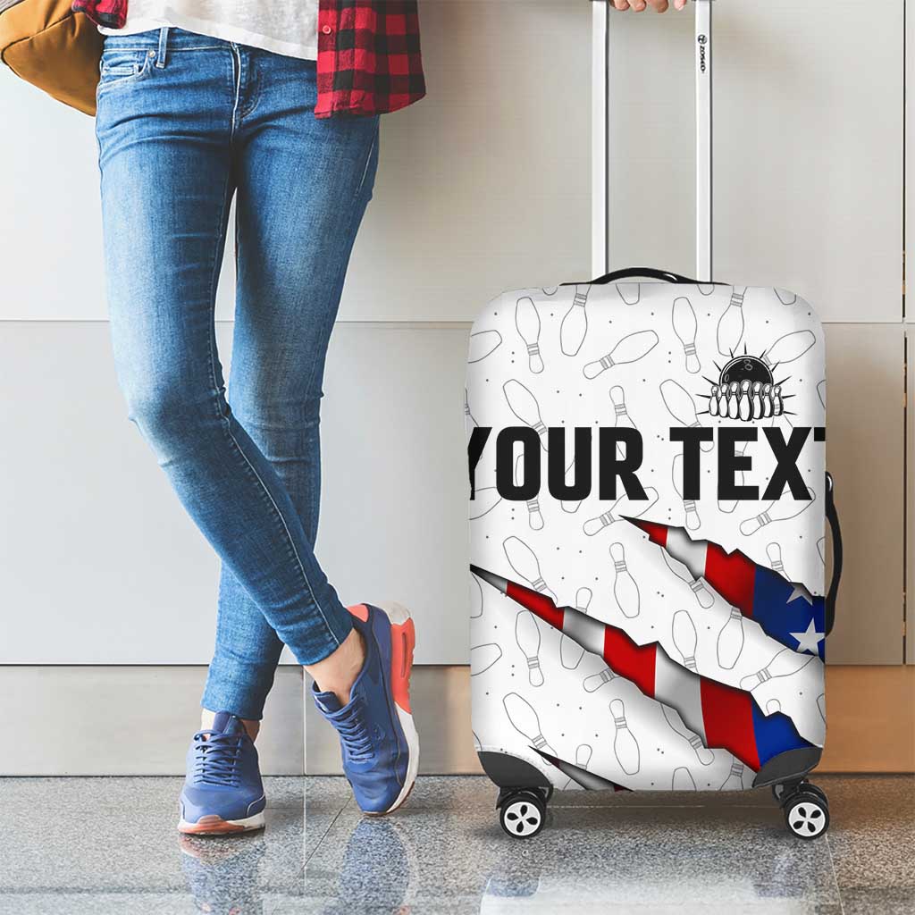 Personalized American Flag Bowling Team Luggage Cover Pins and Ball Torn Stripes and Patterned White TS04