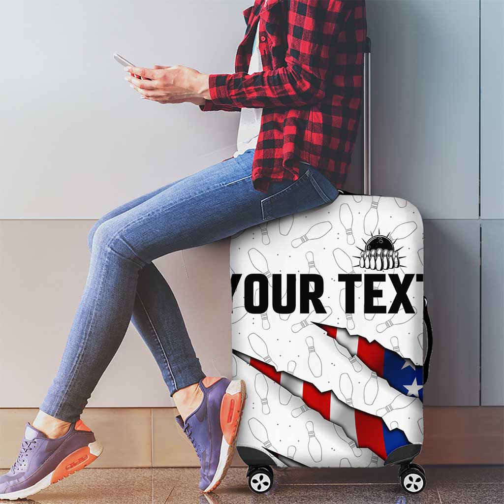 Personalized American Flag Bowling Team Luggage Cover Pins and Ball Torn Stripes and Patterned White TS04