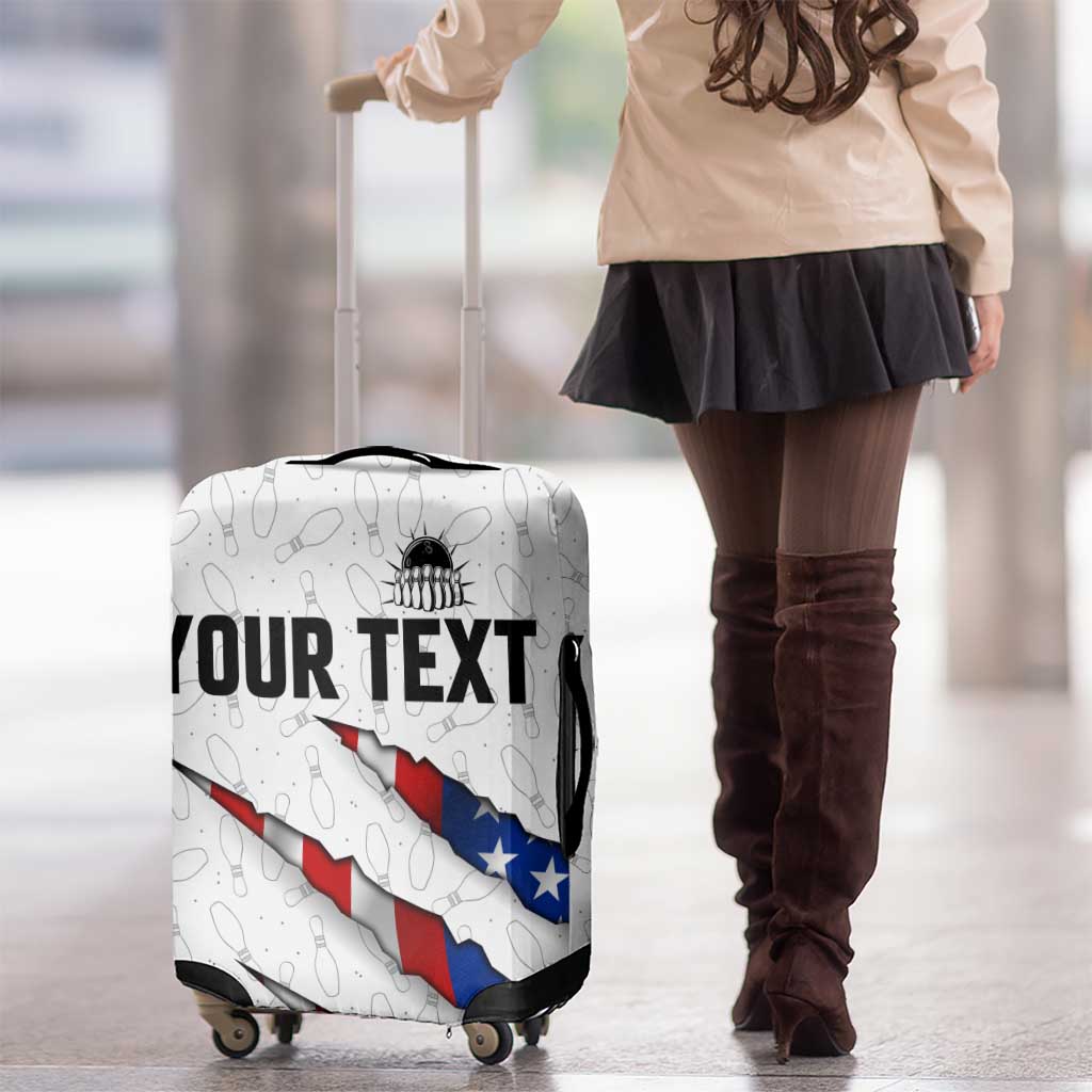 Personalized American Flag Bowling Team Luggage Cover Pins and Ball Torn Stripes and Patterned White TS04