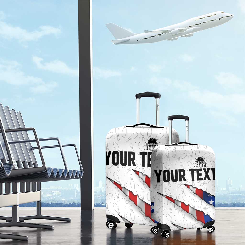 Personalized American Flag Bowling Team Luggage Cover Pins and Ball Torn Stripes and Patterned White TS04