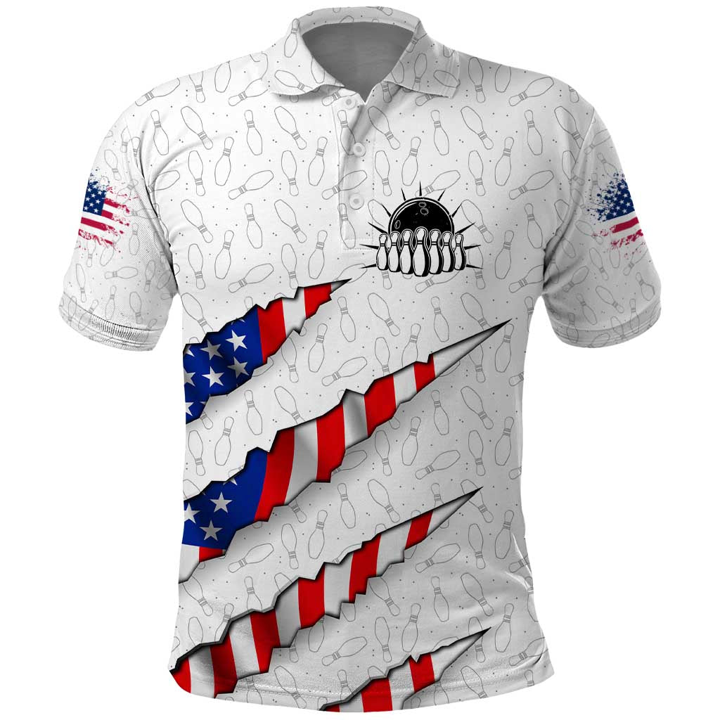 Personalized American Flag Bowling Team Polo Shirt Pins and Ball Torn Stripes and Patterned White TS04