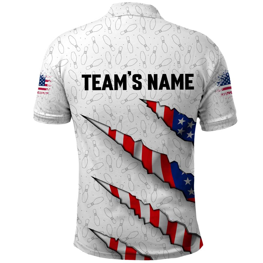 Personalized American Flag Bowling Team Polo Shirt Pins and Ball Torn Stripes and Patterned White TS04