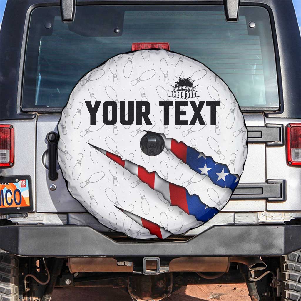 Personalized American Flag Bowling Team Spare Tire Cover Pins and Ball Torn Stripes and Patterned White TS04