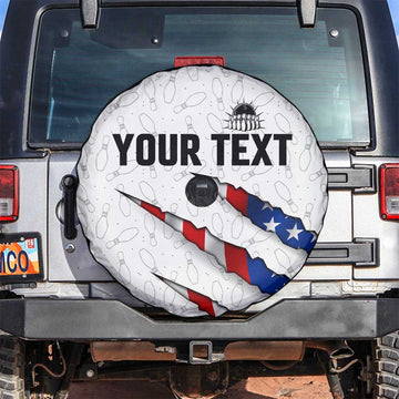 Personalized American Flag Bowling Team Spare Tire Cover Pins and Ball Torn Stripes and Patterned White TS04