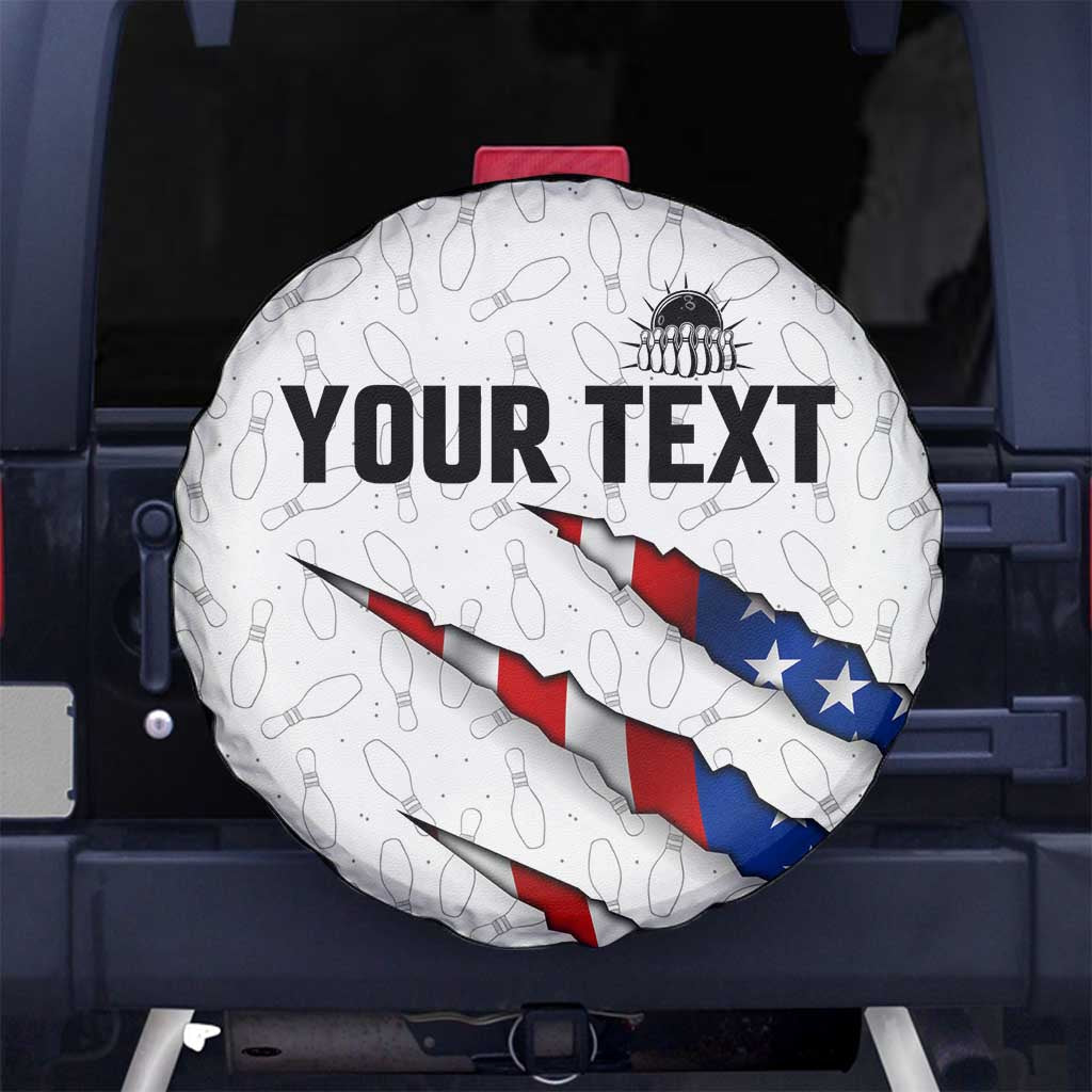 Personalized American Flag Bowling Team Spare Tire Cover Pins and Ball Torn Stripes and Patterned White TS04